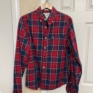 Abercrombie & Fitch Men's Red and Navy Plaid Shirt